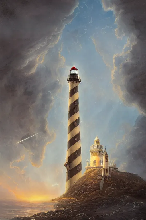 Prompt: Detailed Exterior Shot of Serene Lighthouse of Alexandria, light of sin, moonlight shafts, flock of seagulls, dawn atmosphere, in Style of Peter Mohrbacher, cinematic lighting