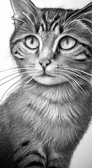 Prompt: highly detailed realistic pencil sketch on expensive paper of a beautiful cat with big green eyes in front of the universe