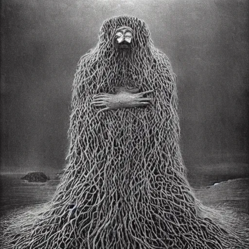 Image similar to vintage photography of A long 100 armed faceless beast-god, a huge body covered with deep furs by Zdzisław Beksiński, dark fantasy, detaling,