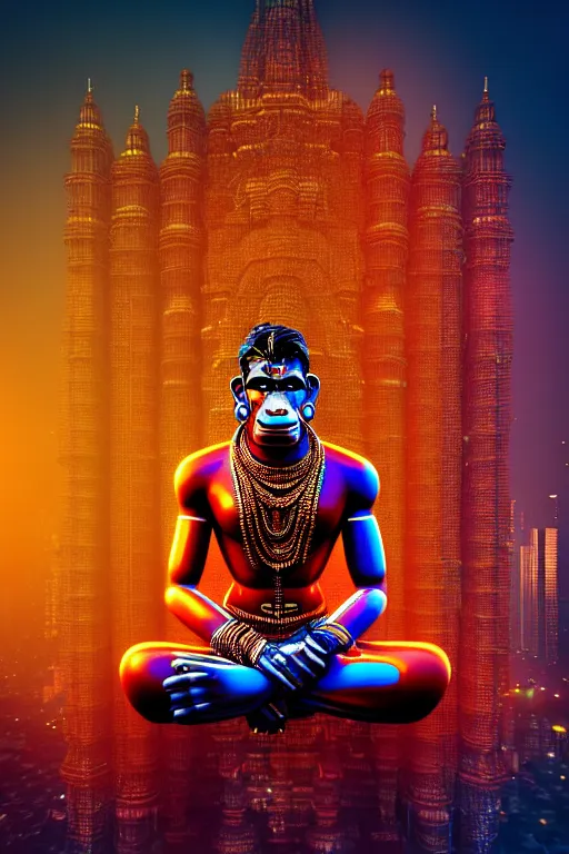 Image similar to high quality 3 d render colorful cyborg! hanuman sitting, gold madhubani, highly detailed, cyberpunk!! mumbai in the background, vray cinematic smooth, blade runner, moody light, low angle, uhd 8 k, sharp focus
