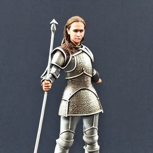 Prompt: a plastic miniature for an RPG game: Alicia Vikander as a knight. unpainted. a photograph