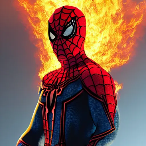 Image similar to spider - man as ghost rider, flaming skull, cgi style