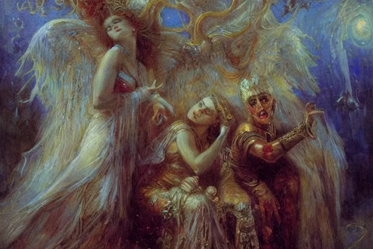 Prompt: portrait of the personification of the goddess of nightmares. art by gaston bussiere.