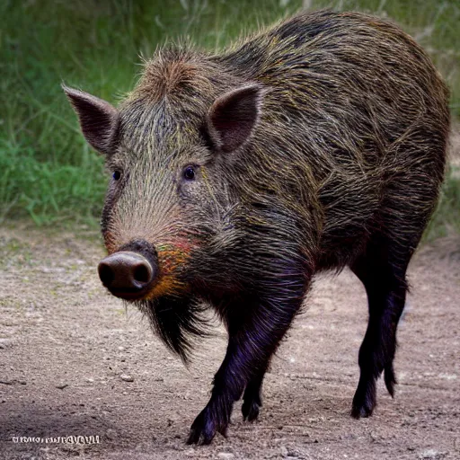 Prompt: photorealistic photograph of rainbow-colored wild boar by Suzi Eszterhas, photorealism, photorealistic, realism, real, highly detailed, ultra detailed, detailed, f/2.8L Canon EF IS lens, Canon EOS-1D Mark II, Wildlife Photographer of the Year, Pulitzer Prize for Photography, 8k