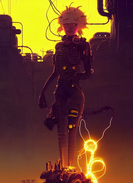 Image similar to highly detailed closeup portrait of wasteland long glowing yellow and white plasma hair tribal lady, stray electric spark wiring by atey ghailan, james gilleard, by joe fenton, by greg rutkowski, by greg tocchini, by kaethe butcher, 4 k resolution, gradient yellow, black and white color scheme!!! ( ( lightning robotic city background ) )