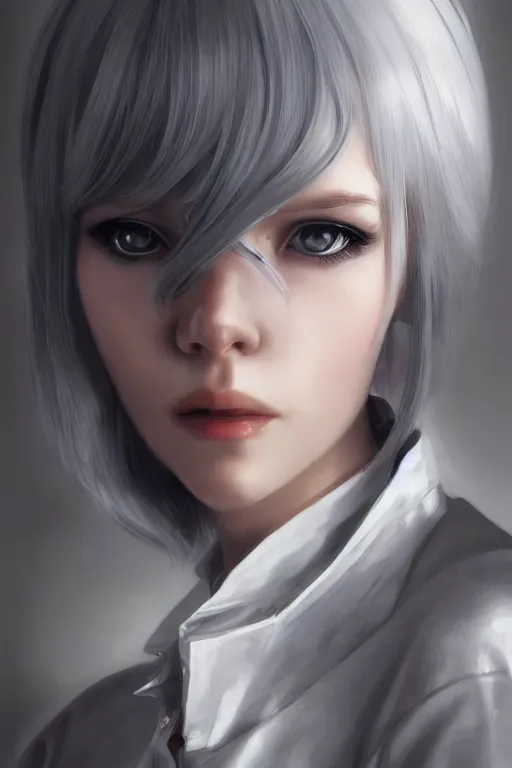 Image similar to a portrait of a scientist android girl with silver hair wearing grey suit by artgerm and wlop and krenz cushart, painterly