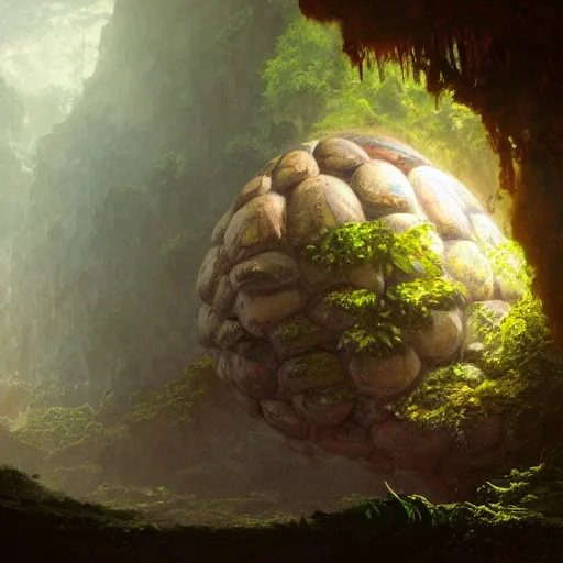 Prompt: A large acid dragon egg inside a tropical cave, fantasy art by albert bierstadt and James Gurney, highly detailed, digital painting, matte painting, concept art, illustration, oppressive lighting, trending on artstation, very detailed