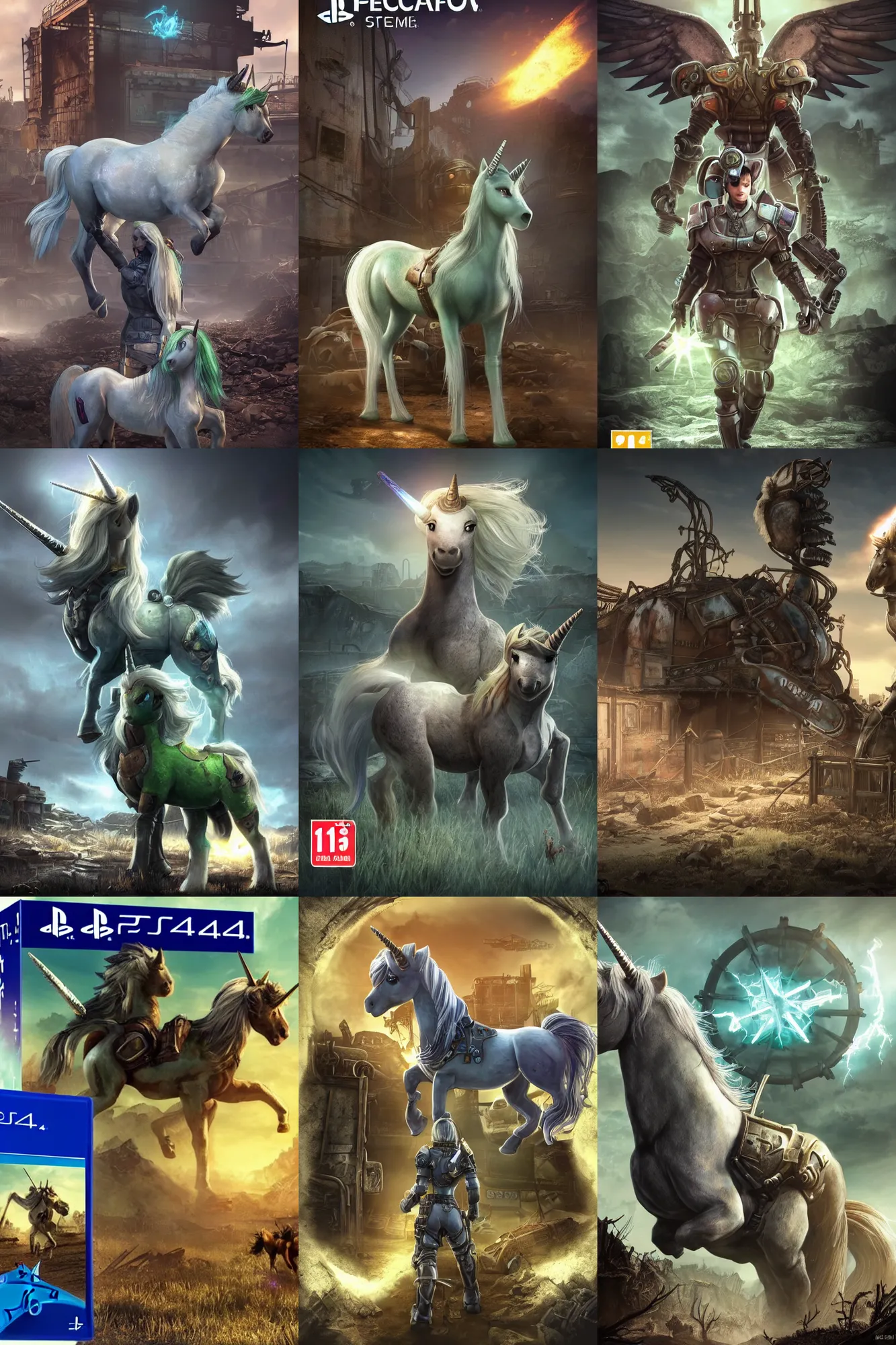 Prompt: ps 4 game box front cover for fallout : equestria | fallout 4 ps 4 cover art white unicorn pony with brown shaggy mane with glowing green magic around her horn looking at the viewer | quadrupedal, epic stark lighting, solo pony portrait in dark, starkly lit abandoned building, trending on artstation, 8 k, my little pony : friendship is magic, fallout, crossover