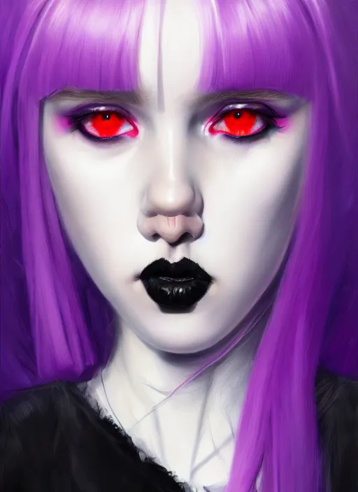 Image similar to portrait of white teenage girl, normal face, black bangs, mall goth, cyberlox, black and white hair, bangs, fluffy bangs, red contacts, purple lipstick, intricate, elegant, highly detailed, digital painting, artstation, concept art, sharp focus, smooth, illustration, art by wlop, mars ravelo and greg rutkowski