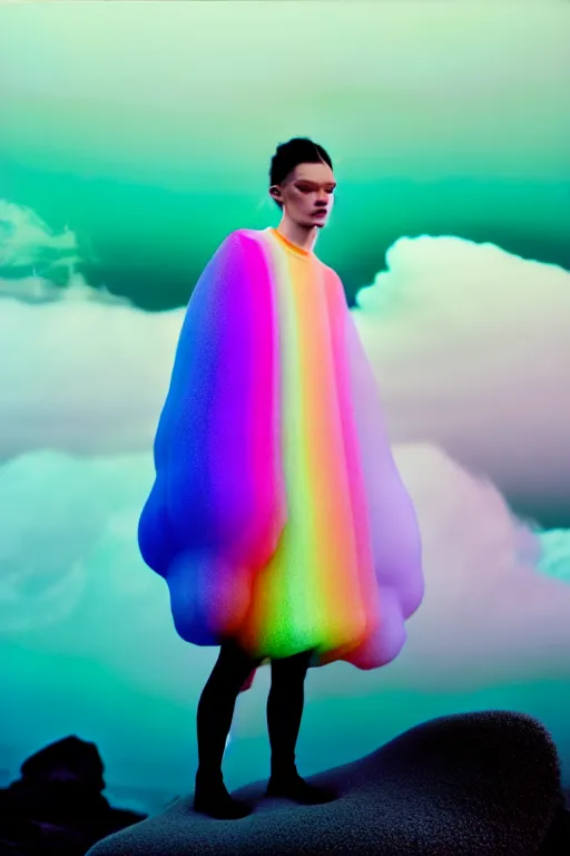 Image similar to high quality pastel coloured film close up wide angle photograph of a model wearing clothing resting on cloud furniture in a icelandic black rock!! environment in a partially haze filled dreamstate world. three point light, rainbow. photographic production. art directed. pastel colours. volumetric clouds. pastel gradient overlay. waves glitch artefacts. extreme facial clarity. 8 k. filmic.