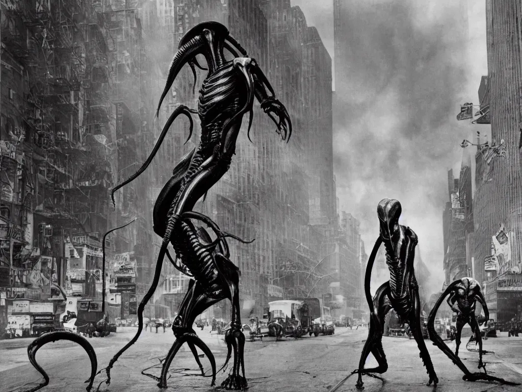 Prompt: old black and white photo, 1 9 1 2, depicting a xenomorph from the movie aliens rampaging through the bustling streets of new york city, historical record, history channel,