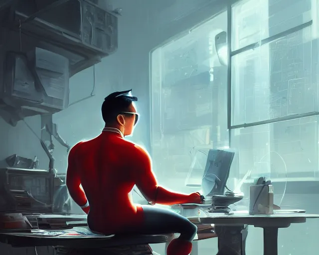 Image similar to an insanely detailed painting of a nerdy asian man wearing a superhero costume, sitting at a desk, staring at the nervously at the computer and typing, in the style of peter mohrbacher, dramatic lighting and composition, octane render, pixar, trending on artstation, concept art, comic book, view from behind