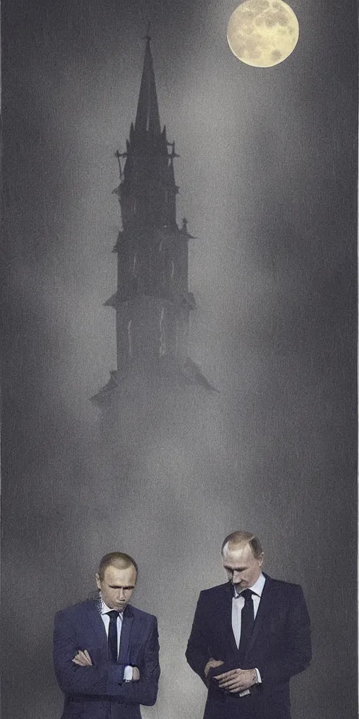 Prompt: alexei navalny with vladimir putin together, dark gloomy church, midnight, moon, horror, thunder sky, rain, sadness, depression, fog, darkness