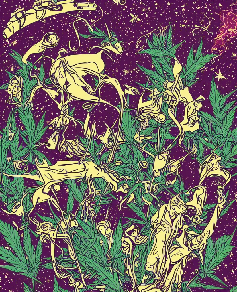 Image similar to goats in space!! smoking cannabis!! art nouveau vector graphic poster!, grunge retro,