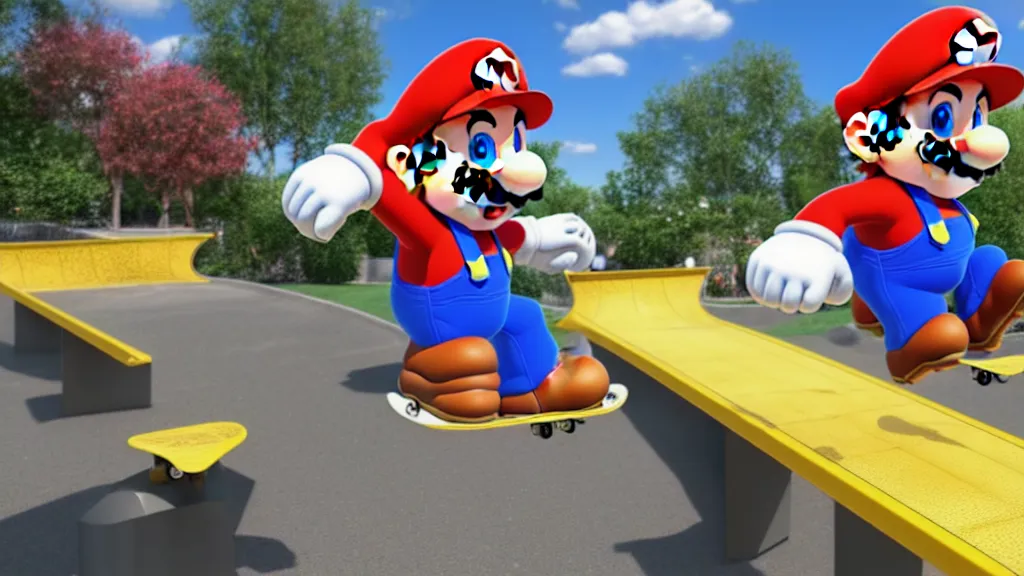 Image similar to super mario skateboarding, 3d render, video game screenshot, global illumination, ray tracing, hdr