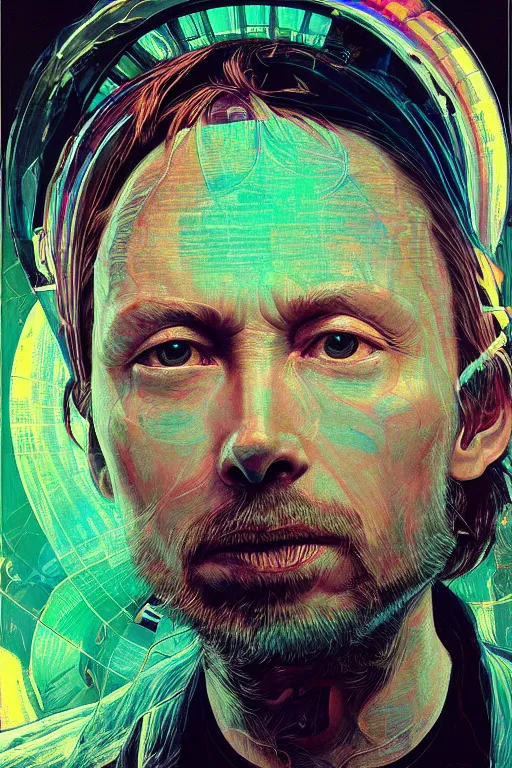 Prompt: A portrait of Thom Yorke as a cyberpunk android, iridescent highlights, surrounded by digital swirls, highly detailed, intricate, soft, sci-fi, sharp focus, subsurface scattering, art by Caravaggio, Moebius, Greg Rutkowski, Alphonse Mucha, Norman Rockwell