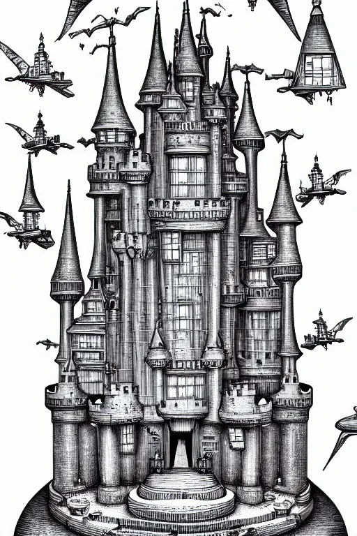 Image similar to a line drawing of a flying science fiction castle joe fenton, trending on artstation, realistic rendering