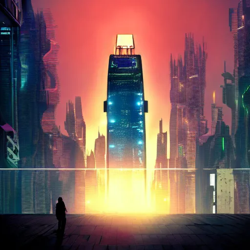 Image similar to « futuristic city, cyberpunk, blade runner, sunrise, morning, girl watching the sky, ground view to the top »