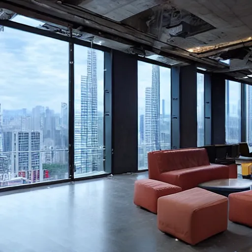 Image similar to feng zhu cyberpunk loft lounge with tall windows without people with city in background