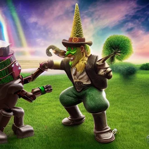 Prompt: leprechaun fighting a robotic unicorn, detailed, photorealistic, 8 k, wide shot,