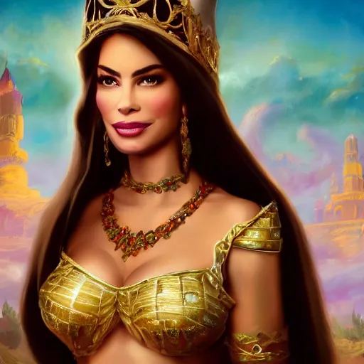 Image similar to a portrait of sofia vergara as an arabian princess in a disney movie, crown!! oil painting, pale colors, high detail, 8 k, wide angle, trending on artstation,