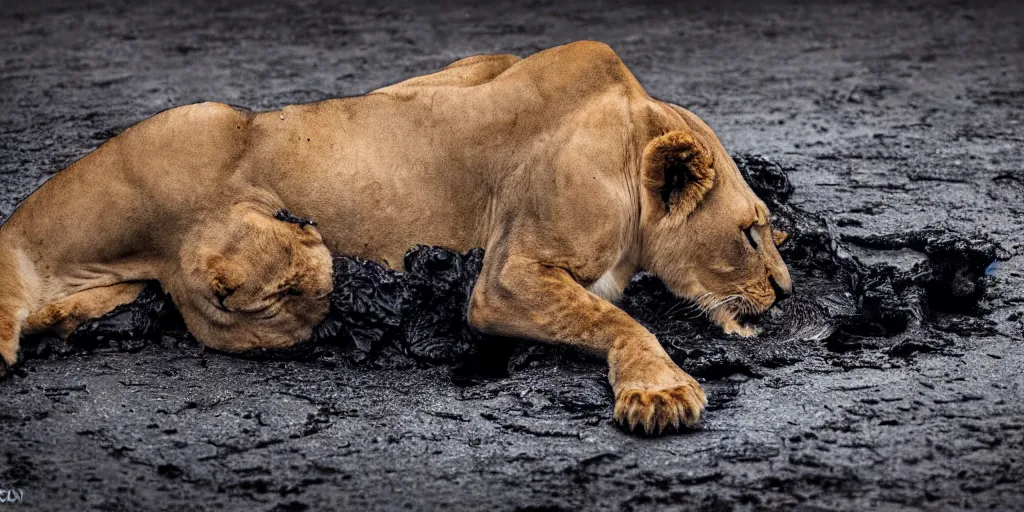 Image similar to a black ferrofluid lioness made of ferrofluid bathing inside the tar pit, full of tar, covered with ferrofluid. dslr, photography, realism, animal photography, color, savanna, wildlife photography