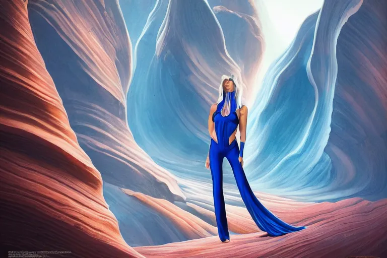 Image similar to futuristic female Goddess wearing luxurious royal blue suit relaxing at Antelope canyon, rocks formed by water erosion, walls made of beautiful smooth sandstone in unique shapes, light beams that shine through its walls, polish narrow slots of walls into a striated swirling finish, digital painting, concept art, smooth, sharp focus, from Star Trek 2021, illustration, by WLOP and Ruan Jia and Mandy Jurgens and William-Adolphe Bouguereau, Artgerm