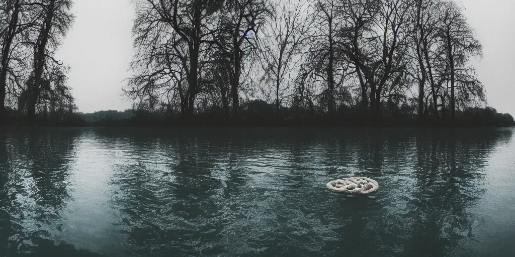 Image similar to symmetrical photograph of an infinitely long rope submerged on the surface of the water, the rope is snaking from the foreground towards the center of the lake, a dark lake on a cloudy day, trees in the background, moody scene, dreamy anamorphic lens