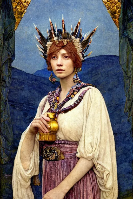 Image similar to portrait of the last queen of the dawn mountains with her lantern and regalia, by Annie Swynnerton and John Bauer and John William Godward and Donato Giancola and Vermeer, embroidered velvet, iridescent beetles, rich color, ornate headdress, flowing robes, lost runes, ancient civilizations, dramatic cinematic lighting, featured on Artstation, cgisociety, extremely detailed