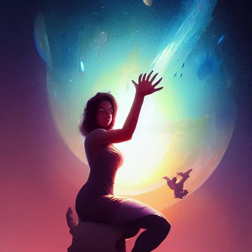 Image similar to a beautiful, powerful woman sitting in space, reaching her hand out toward the camera, emanating magic from her palms, cgsociety contest winner, illustrated by mike beeple winklemann, greg rutkowski, and gaston bussiere, space art, portrait art, artstation, 4 k, 8 k