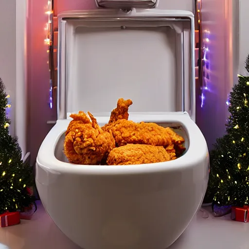 Prompt: open toilet with fried chicken inside of it, christmas lights attached