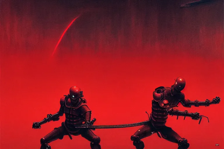 Image similar to only with red, a red cyborg samurai, tokio futuristic in background, some evil yokai fight, in the style of beksinski, parts by edward hopper, parts by rodcenko, parts by yue minjun, intricate and epic composition, red by caravaggio, insanely quality, highly detailed, masterpiece, red light, artstation, 4 k