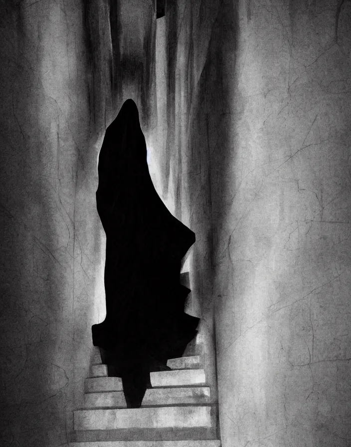 Image similar to a figure shrouded in a long trailing pitch black gown, descending a giant marble staircase in a dark room, photorealism, hyperrealism, harsh lighting, dramatic lighting, medium shot, serious, gloomy, foreboding, cinematic