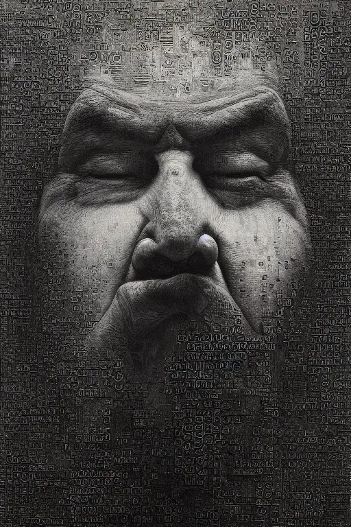 Image similar to ascii art, hyperrealism oil painting, portrait scary ai weiwei style zdzislaw beksinski