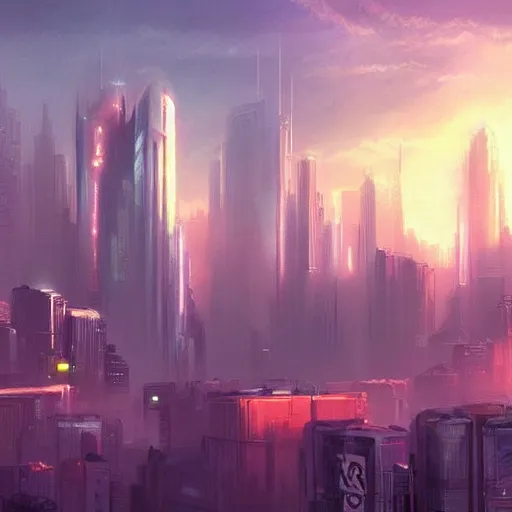 Prompt: beautiful cyberpunk cityscape, sun setting, volumetric clouds, painting by bob ross