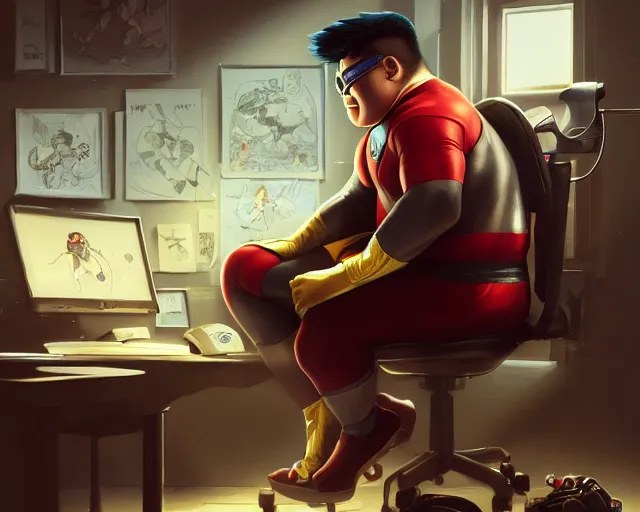 Image similar to an insanely detailed painting of a slightly chubby, nerdy asian man wearing a superhero costume, sitting at a desk, staring at the nervously at the computer and typing, in the style of peter mohrbacher, dramatic lighting and composition, octane render, pixar, trending on artstation, concept art, comic book, view from behind