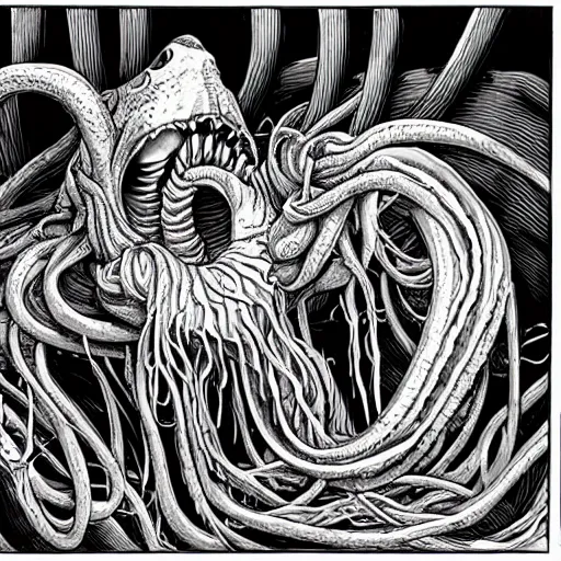 Prompt: a hyper detailed filmic wide shot 30mm color film photograph of a bundle of a dangerous gorey shape shifting alien creaturing spewing long worm-like spiney tendrils out of its snarling mouth, the tendrils are strangling and smothering a male 70-year-old doctor wearing a lab coat under dreary fluorescent lights, the walls are splattered with ketchup in the style of an HD horror film still from 1982