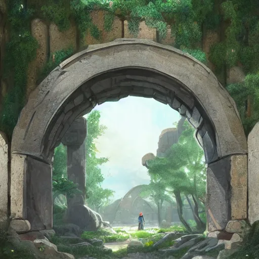 Image similar to concept art painting of an ancient ornate stone archway that is a portal to another world, inside the arch is a magical portal to another dimension, in the woods, realistic, detailed, cel shaded, in the style of makoto shinkai and greg rutkowski and james gurney