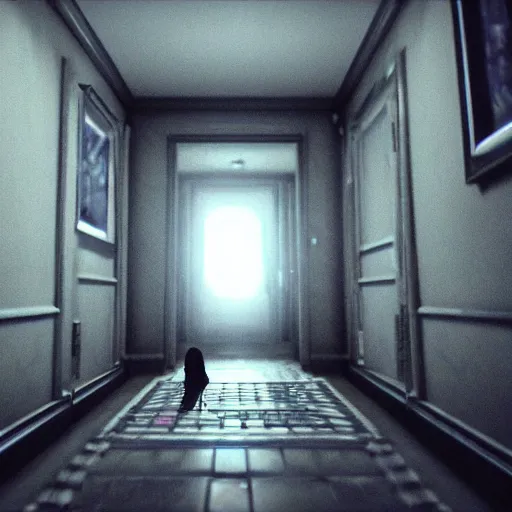 Image similar to in the house of p. t., dark hallway, bad camrea, hideo kojima's ghost form appears in front of you, hideo kojima is transparent, unreal engine 5