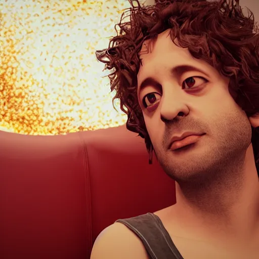 Prompt: gustavo cerati sitting on a sofa looking at the red moon, universe, stars, digital art, render unreal engine, highly detailed face, asymmetrical