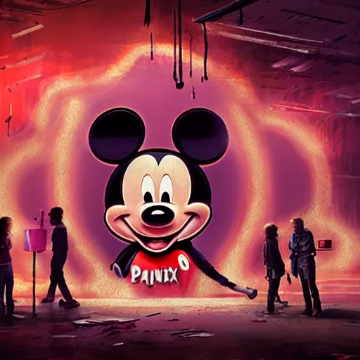 Image similar to a group of people around a giant giant mickey mouse wounded head with blood, netflix logo, cyberpunk art by david lachapelle, cgsociety, dystopian art by industrial light and magic, dark concept art, neons, interior