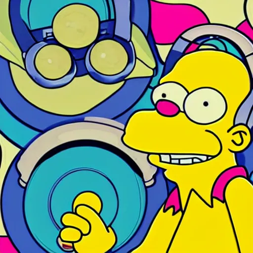 Image similar to svg sticker of a Homer-Simpson at a rave, spinning records, giant headphones rocking out, wearing headphones, huge speakers, dancing, rave, DJ, spinning records, digital art, amazing composition, rule-of-thirds, award-winning, trending on artstation, featured on deviantart