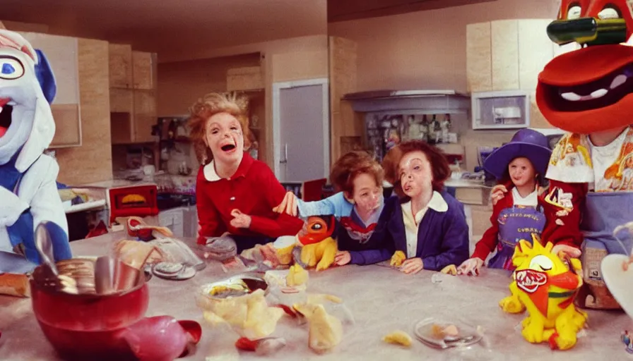 Image similar to 1 9 9 0 s candid 3 5 mm photo of a beautiful day in the family kitchen, cinematic lighting, cinematic look, golden hour, an absurd costumed mascot from the jimbles the super pony showing the kids how to build time machine, the kids are hungry but jimbles is showing them how to make a time machine to time travel, uhd