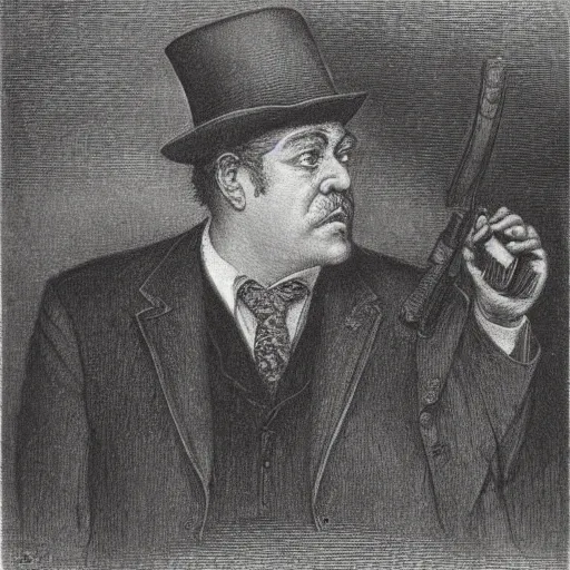 Prompt: detective wearing a black hat, street of Innsmouth, by gustave dore and william blake