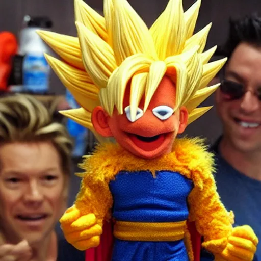 Image similar to super saiyan goku muppet, jim henson