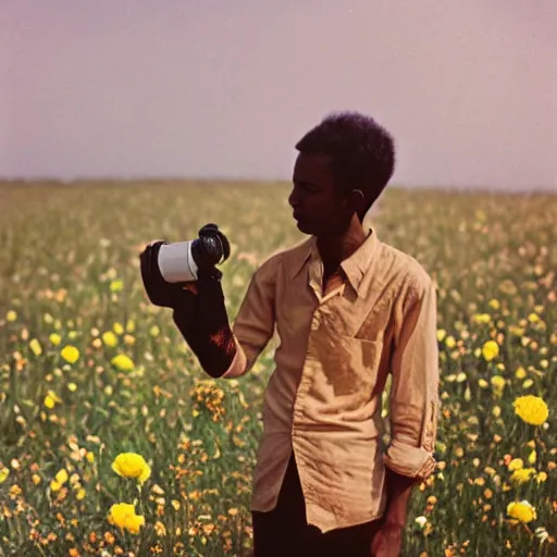 Image similar to somali male, photographer, holding camera, vintage, field of flowers, nature, nostalgic, dreamy, pastel, studio ghibli, thoughtul, wise, intricate details, shot in 1 9 6 0 s