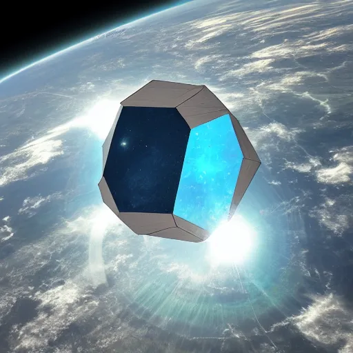 Image similar to hexagon structure floating above planet earth, in space, trending on art station, photo realistic, perspective