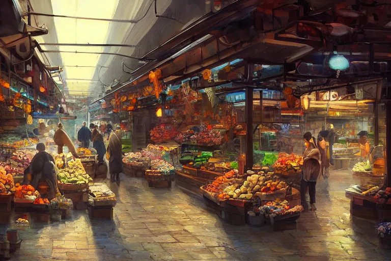 Prompt: a beautiful painting of an underground market, Feng Zhu, digital art, artstation