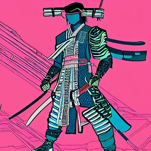 Prompt: cyberpunk samurai with swords drawn in a synth wave city, in the style of hokusai