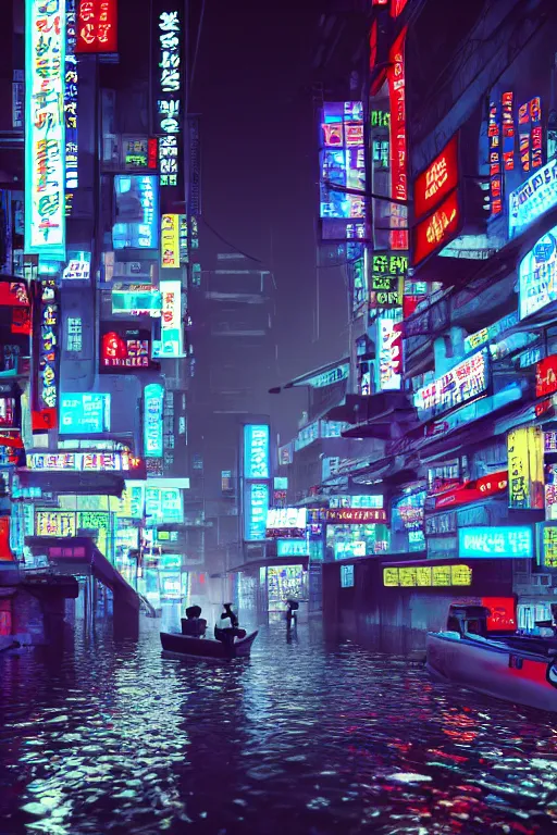 Image similar to cyberpunk flooded rainy south korea, seoul, man in small row boat, reflections, cinematic lighting, photorealistic, trending on artstation, storefronts made of neon lights, hyper realistic rendering photography, unreal 5 engine render, ultra wide angle, long shot, 8 k